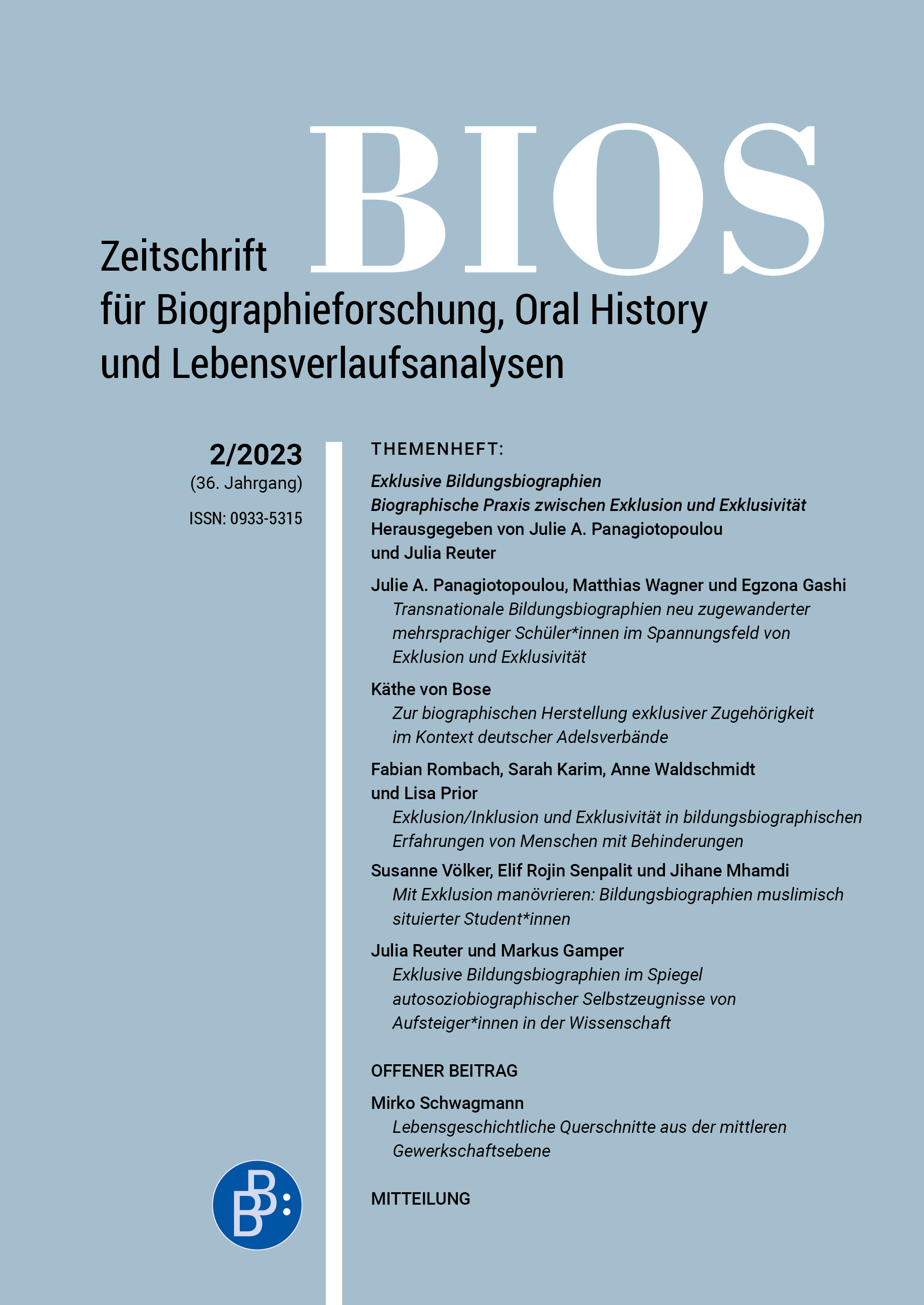 Zeitschriftencover. BIOS - Biographieforschung, Oral History und Lebensverlaufsanalysen. Artikel von Susanne Völker, Elif Senpalit und Jihan Mhamdi (2025)